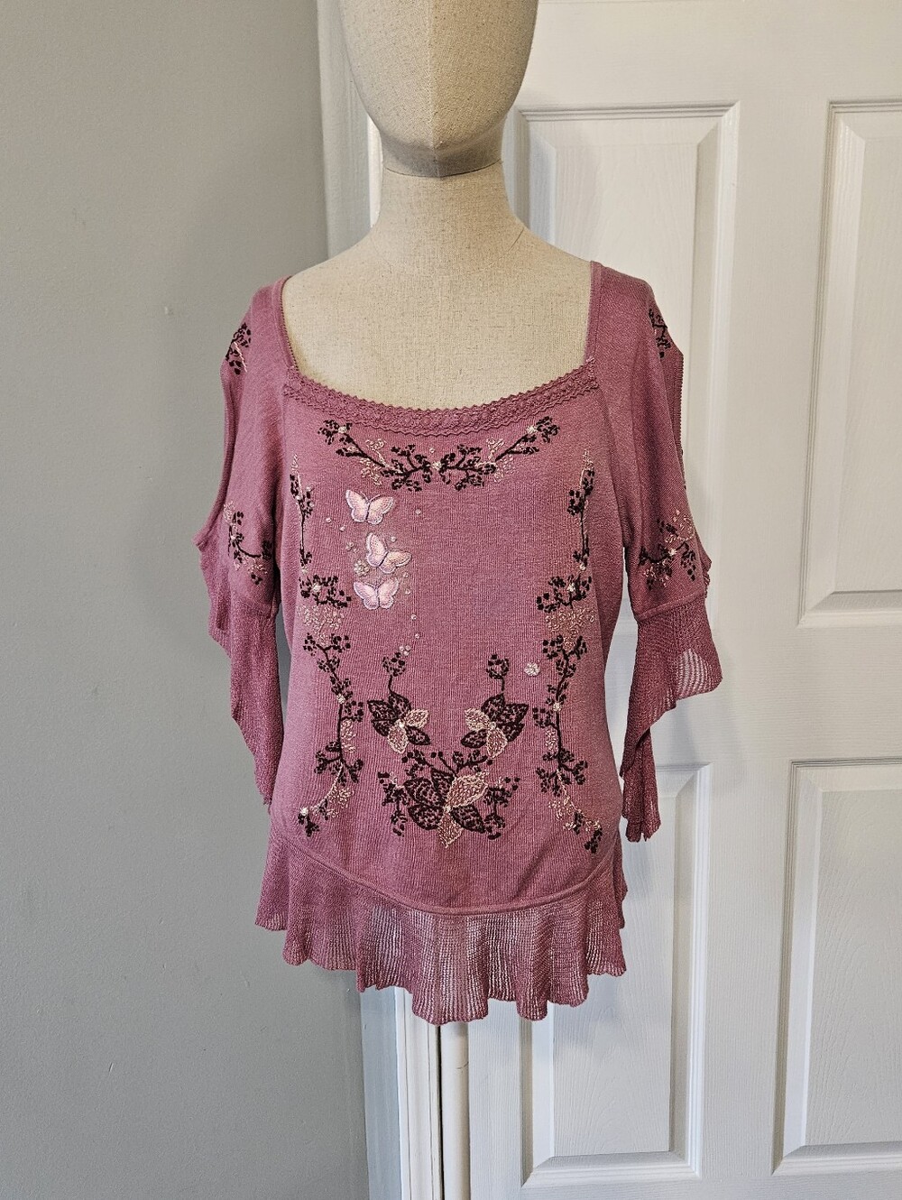 Embellished Rose-Pink Cold-Shoulder Knit Scoop Neck Sweater